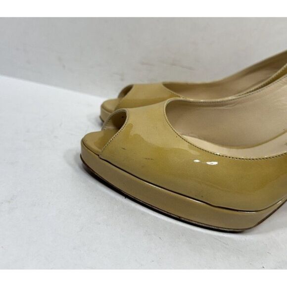 Jimmy Choo Patent Leather Tan High Heels Slingback Peep Toe Womens Size 7 / 37 - Picture 6 of 11